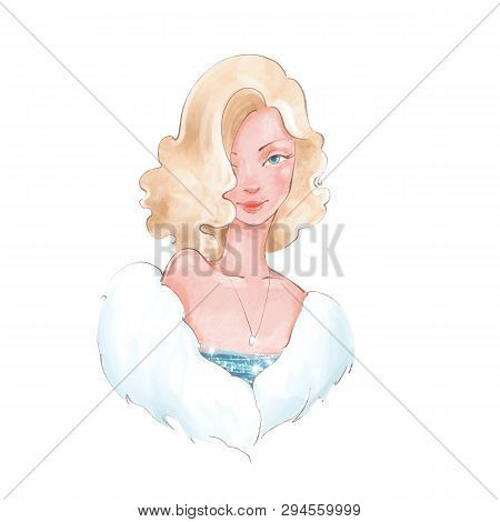 Beautiful Lady In Evening Dress Isolated On White. Digital Painting.