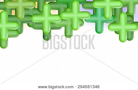 Green Pluses Or Crosses. Top Framing, Copy Space, Design Concept Background. Abstract Composition Ba