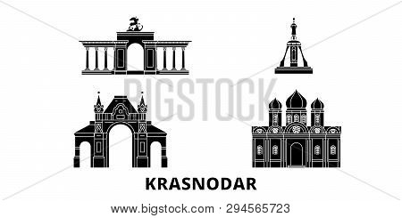 Russia, Krasnodar Flat Travel Skyline Set. Russia, Krasnodar Black City Vector Illustration, Symbol,