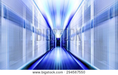Art Visualization Corridor Of Data Warehouse In Neon Fluorescent Light. Design Web Hosting Technolog