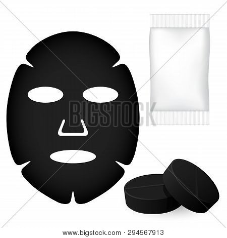 Black Face Mask With Pills And A Bag On A White Background, Spa - Illustration.
