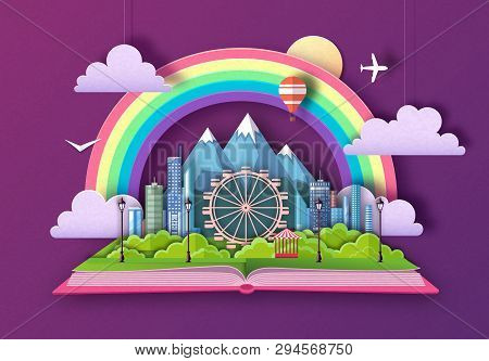 Open Fairy Tale Book With City Landscape, Ferris Wheel And Mountains. Cut Out Paper Art Style Design