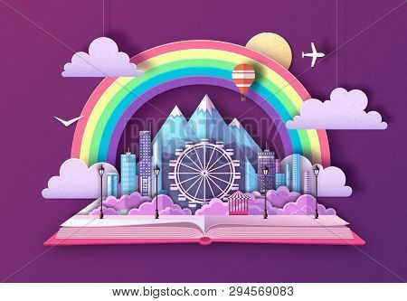Open Faiopen Fairy Tale Book With City Landscape, Ferris Wheel And Mountains. Cut Out Paper Art Styl