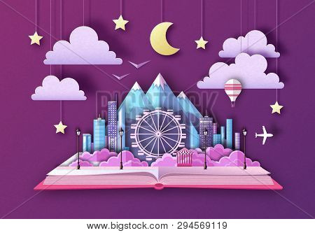 Open Fairy Tale Book With City Landscape, Ferris Wheel And Mountains. Cut Out Paper Art Style Design