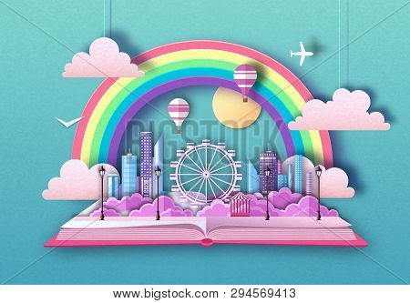Open Fairy Tale Book With City Landscape And Ferris Wheel. Cut Out Paper Art Style Design