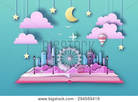 Open Fairy Tale Book With City Landscape And Ferris Wheel. Cut Out Paper Art Style Design