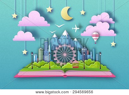Open Fairy Tale Book With City Landscape, Ferris Wheel And Mountains. Cut Out Paper Art Style Design