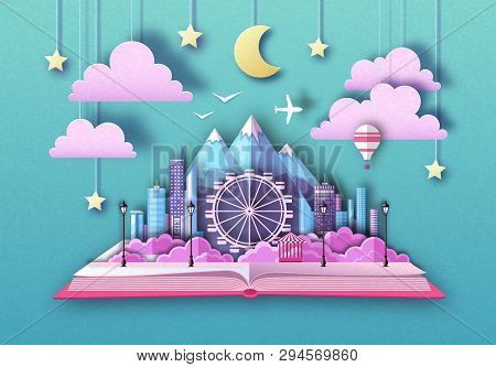 Open Fairy Tale Book With City Landscape, Ferris Wheel And Mountains. Cut Out Paper Art Style Design
