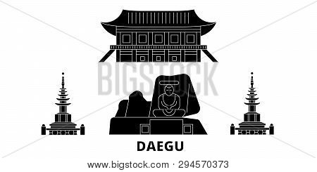 South Korea, Daegu Flat Travel Skyline Set. South Korea, Daegu Black City Vector Illustration, Symbo