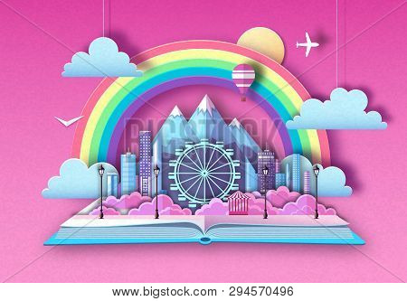 Open Fairy Tale Book With City Landscape, Ferris Wheel And Mountains. Cut Out Paper Art Style Design