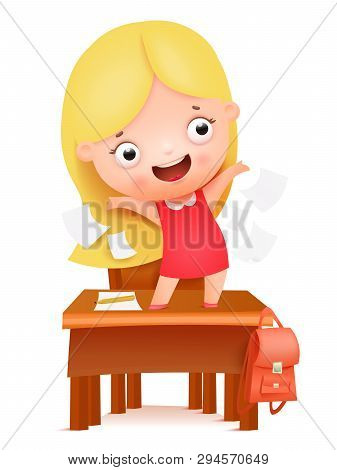 Goodbye School, Hello Summer. Cute Cartoon Girl Character Stnding On School Table. Vector Illustrati