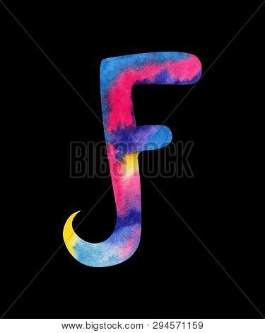 Hand Painted Watercolor English Letter F Whit Gentel Pink, Blue, Purple And Yellow Splashes