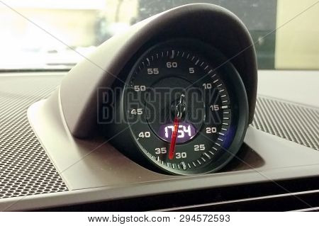 Moscow, Russia - April 01, 2019: Porsche 911 Sport Chrono Option, Chronometer In Interior Of Premium