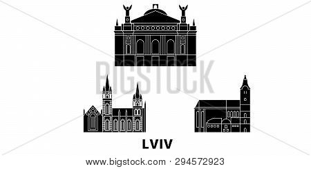 Ukraine, Lviv Flat Travel Skyline Set. Ukraine, Lviv Black City Vector Illustration, Symbol, Travel 