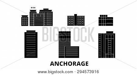 United States, Anchorage Flat Travel Skyline Set. United States, Anchorage Black City Vector Illustr