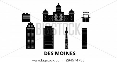 United States, Des Moines Flat Travel Skyline Set. United States, Des Moines Black City Vector Illus
