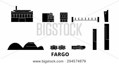 United States, Fargo Flat Travel Skyline Set. United States, Fargo Black City Vector Illustration, S