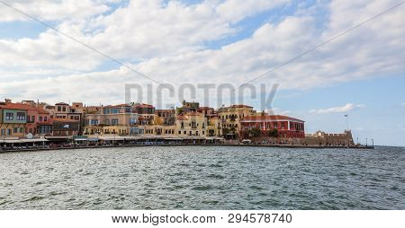 A Panorama Of The Harbor City Of Chania. View Of The Emarald Sea, Interesting Landscapes, Colorful H