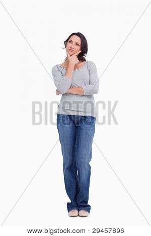 Young woman in thinkers pose against a white background