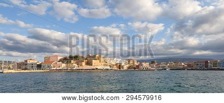 A Panorama Of The Harbor City Of Chania. View Of The Emarald Sea, Interesting Landscapes, Colorful H