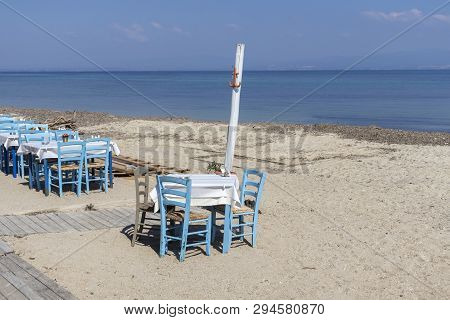 Typical Greek Restaurant At The Beach Of Nea Fokea, Kassandra, Chalkidiki, Central Macedonia, Greece