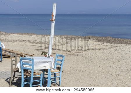 Typical Greek Restaurant At The Beach Of Nea Fokea, Kassandra, Chalkidiki, Central Macedonia, Greece