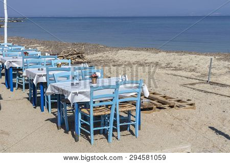 Typical Greek Restaurant At The Beach Of Nea Fokea, Kassandra, Chalkidiki, Central Macedonia, Greece