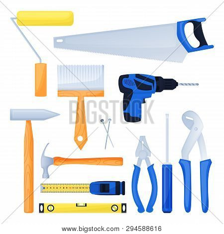 Handyman Working Kit, Home Repair Tools. House Building Equipment Design Elements Set. Vector Cartoo