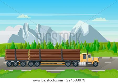 Forestry Transportation Industry, Vector Flat Illustration. Logging Truck With Wood Timber Rides On 