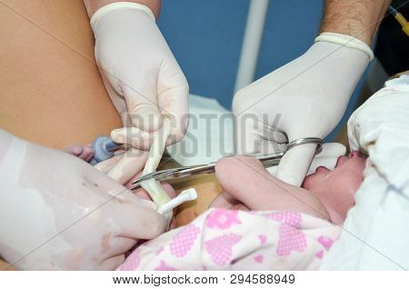 Cutting The Umbilical Cord Between A Newborn Baby And Placenta.