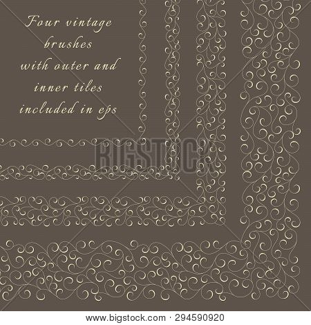 Set Of Four Hand Drawn Brushes With Outer And Inner Corner Tiles And Start And End Of Tiles. Used Fo