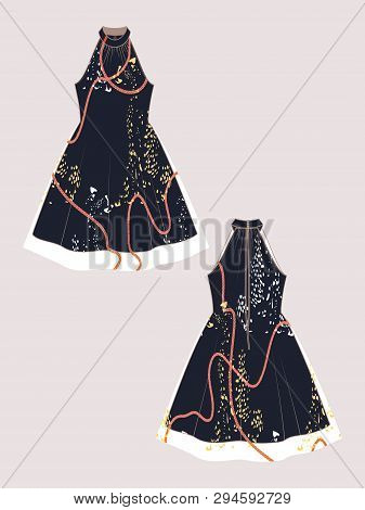 Editable Vector Dress Mockup. Fashion Design Template For Showcasing Fabric Pattern. Technical Illus