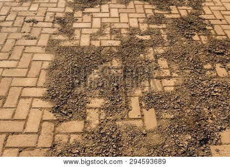 Dried Up Pieces Of Mud On A Brick Tile Floor Outdoors