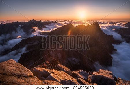 Mountains Landscape With Inversion In The Valley At Sunset As Seen From Rysy Peak In High Tatras, Sl