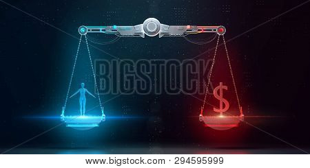 Cyber Digital Scales With Human On One Side And Business Dollar Sign On The Other. Digital Ethics, P