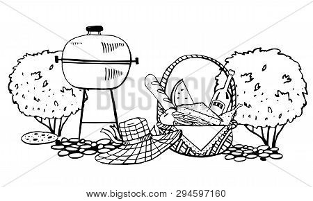 Grill, Hat And Picnic Basket With Food On The Ground With Bushes On The Background. Outline Vector S