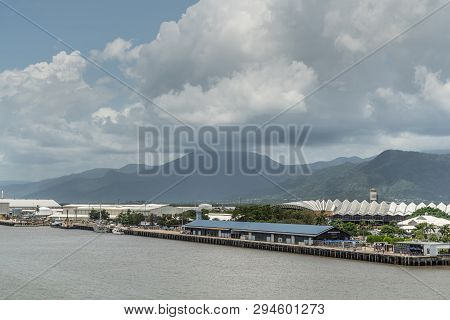 Cairns, Australia - February 17, 2019: Cruise Liner Terminal With Convention Center In Back. Further