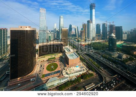 Beijing, China Modern Financial District Skyline On A Nice Day With Blue Sky