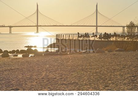 Cable Bridge Across The Petrovsky Fairway At Sunset In Saint Petersburg, Russia. Part Of The Western