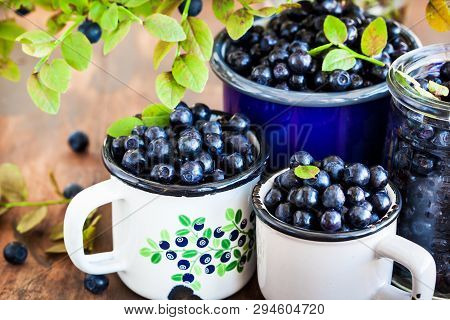 Fresh Ripe Bluberries (bilberries) In Enamel Mugs