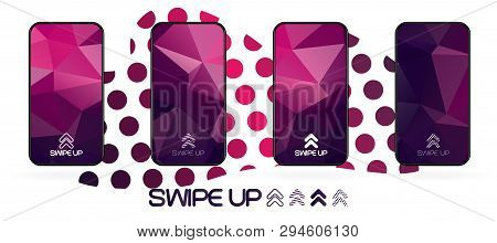 Triangular Polygonal Geometric Abstract Background With Swipe Up Icon. Bright Violet And Dark  Purpl