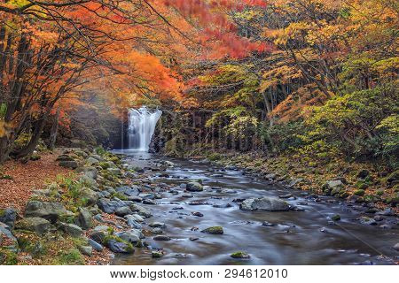 Waterfall With Vibrant Trees In Autumn, Tometaki Waterfall - Kazuno, Akita, Japan