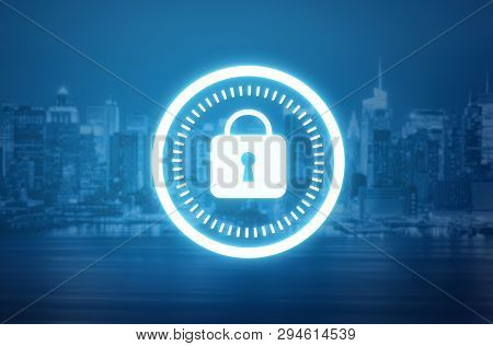 Data Protection, World Cyber Security On A Blurred City Background
