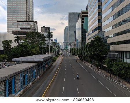 Jakarta, Indonesia - February 16, 2019: Cityscape Of Jalan Thamrin (thamrin Street).