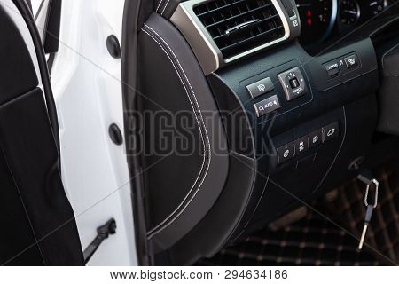 Interior Of A Luxury Car With Leather Interior Overtightened Stitching In The Form Of A Diamond Of W