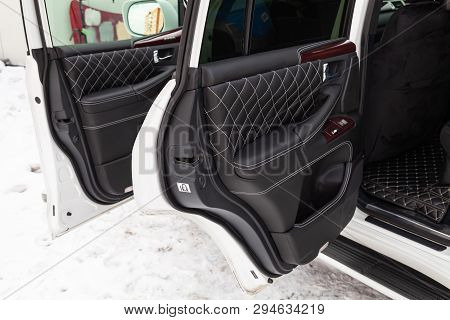 Interior Of A Luxury Car With Leather Interior Overtightened Stitching In The Form Of A Diamond Of W