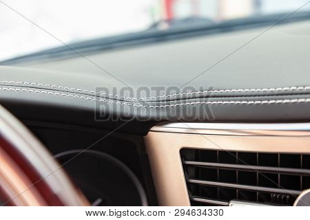 Interior Of A Luxury Car With Leather Interior Overtightened Stitching In The Form Of A Diamond Of W
