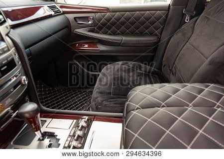 Interior Of A Luxury Car With Leather Interior Overtightened Stitching In The Form Of A Diamond Of W