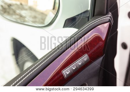 Close-up Of Interior Of A Luxury Car With Leather Interior Overtightened Stitching In The Form Of A 