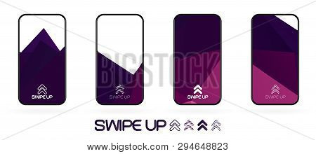 Triangular Polygonal Geometric Abstract Background With Swipe Up Icon. Bright Violet And Dark  Purpl